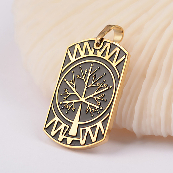 304 Stainless Steel Enamel Pendants, Rectangle with Tree, Antique Golden, 40x21.5x2mm, Hole: 5x6.5mm