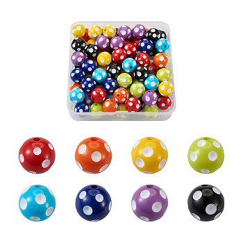80Pcs 8 Colors Opaque Resin Beads, Round with Polka Dot Pattern, Mixed Color, 18mm, Hole: 1.5mm