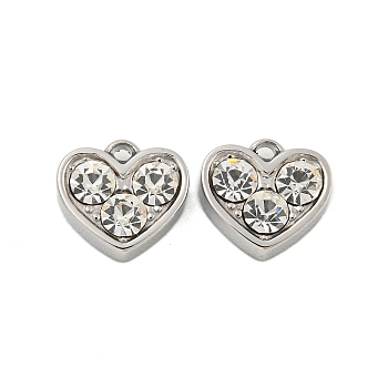 304 Stainless Steel Pendants, with Rhinestone, Heart Charms, Crystal, 7x8x3mm, Hole: 1mm