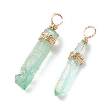Natural Quartz Pendants, with Eco-Friendly Copper Wire Wrapped, Chip, Light Gold, 28~29.5x4~6x4~5.5mm, Hole: 3.5~4mm