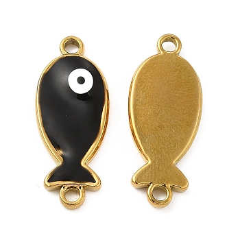 201 Stainless Steel Enamel Connector Charms, Real 24K Gold Plated, Fish Links, Black, 23.5x9.5x2.5mm, Hole: 1.6mm