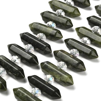 Natural Chinese Jade Double Terminated Point Beads Strands, with Glass Beads, Faceted Bullet, 31~33x7~9x7~9mm, Hole: 1mm, about 26~27pcs/strand, 15.16~15.75''(38.5~40cm)