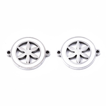 304 Stainless Steel Enamel Links Connectors, Laser Cut, Flat Round with 6-Petal Flower, White, Stainless Steel Color, 14.5x18.5x2mm, Hole: 1.2mm