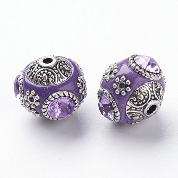 Handmade Indonesia Round Beads, with Glass Cabochons and Antique Silver Metal Color Double Alloy Cores, Purple, 14~15x15~16mm, Hole: 2mm