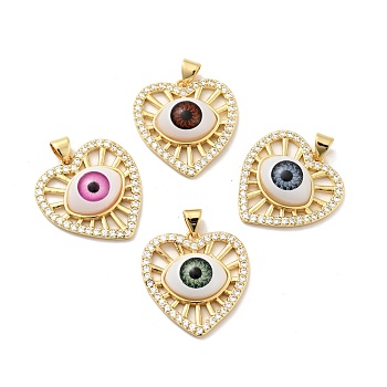 Heart with Eye Brass Micro Pave Clear Cubic Zirconia Pendants, with Resin Eyeball, Cadmium Free & Nickel Free & Lead Free, Real 18K Gold Plated, Mixed Color, 23.5x23x6.5mm, Hole: 3.5x4.7mm