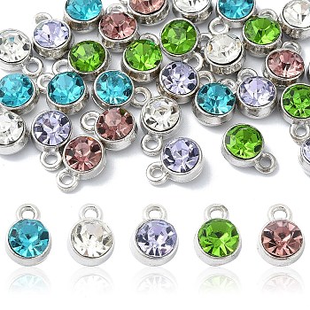 30Pcs 5 Colors Flat Round Alloy Charms, with Glass Rhinestone, Birthstone Charms, Cadmium Free & Lead Free, Mixed Color, 10x7x5.3mm, Hole: 1.6mm, 6Pcs/color