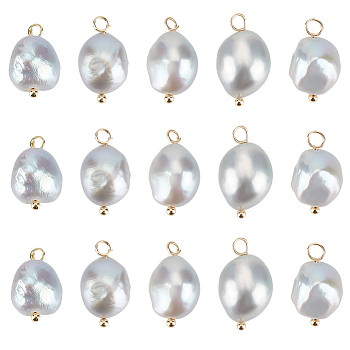 20Pcs Natural Freshwater Pearl Pendants, Potato Charms with Golden Plated Brass Loops, Silver, 16~17x8~9x8~8.5mm, Hole: 2.5~3mm