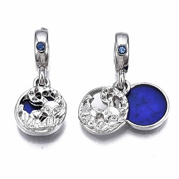 Alloy European Dangle Charms, with Rhinestone and Enamel, Large Hole Pendants, Flat Round, Blue, Antique Silver, 25.5mm, Hole: 4.5mm