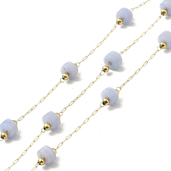 Ion Plating(IP) 316 Surgical Stainless Steel Paperclip Chains, with Natural Blue Lace Agate Column Beads, Soldered, Real 18K Gold Plated, with Spool, Link: 2.5x1x0.3mm