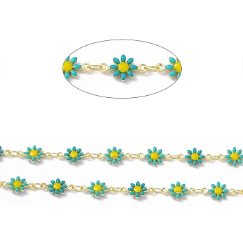 Handmade Eanmel Daisy Flower Link Chains, with Real 18K Gold Plated Brass Findings, Soldered, with Spool, Turquoise, Link: 7.5x13x2mm