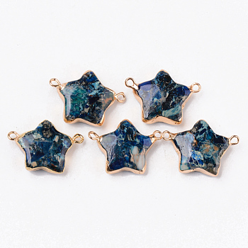 Synthetic Gold Line Regalite/Imperial Jasper/Sea Sediment Jasper Links Connectors, with Light Gold Plated Brass Edge, Dyed, Star, Marine Blue, 18~19x25~27x6~7mm, Hole: 1.5~1.8mm