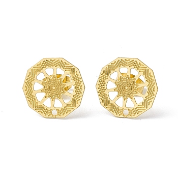 304 Stainless Steel Stud Earrings Finding, Hollow Polygon, with Horizontal Loop, Golden, 13x13mm, Hole: 1mm, Pin: 0.85mm