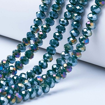 Electroplate Glass Beads Strands, Opaque Solid Color, AB Color Plated, Faceted, Rondelle, Teal, 8x6mm, Hole: 1mm, about 63~65pcs/strand, 39~40cm