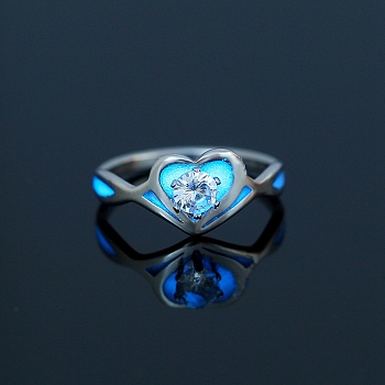 Glow in the Dark Luminous Stainless Steel Open Cuff Ring, Cubic Zirconia Heart Ring, Stainless Steel Color, Inner Diameter: 18mm