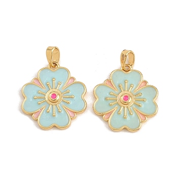 Brass with Enamel Pendants, Flower Charms, Cadmium Free & Lead Free, Long-Lasting Plated, Rack Plating, Real 18K Gold Plated, Pale Turquoise, 19.5x18x3mm, Hole: 5x3mm