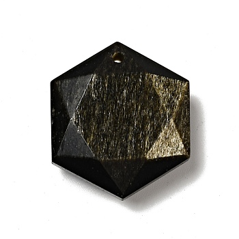 Natural Golden Sheen Obsidian Pendants, Faceted, Hexagon, 31x27x10mm, Hole: 1.6mm