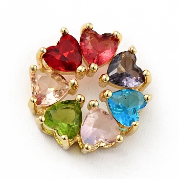 Rack Plating Brass Micro Pave Colorful Cubic Zirconia Slide Charms, Long-Lasting Plated, Lead Free & Cadmium Free, Flower with Heart, Real 18K Gold Plated, 16~16.5x7mm, Hole: 2x3.5mm