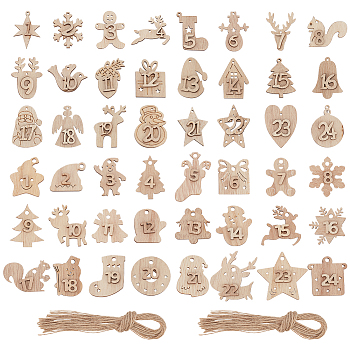 2 Sets 2 Styles Christmas Advent Calendar Number Wooden Numbers Pendant Decorations, Wooden Number 1-24 Christmas Craft, for Christmas Tree Decoration, with Jute Rope, Rope: 1mm, Pendants: 31.5~45x30~43.5x5.5mm, Hole: 2mm, 1 set/style