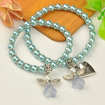 Lovely Wedding Dress Angel Jewelry Sets for Mother and Daughter, Stretch Bracelets, with Glass Pearl Beads and Tibetan Style Beads, Cyan, 45mm and 55mm inner diameter