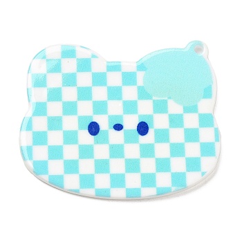 Acrylic Pendants, Checkerboard with Cat, Pale Turquoise, 49x45.5x2mm, Hole: 1.6mm