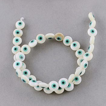 Natural Sea Shell Beads Strands, Flat Round with Evil Eye, Creamy White, 9x5mm, Hole: 1.5mm, about 40pcs/strand, 13.5 inch