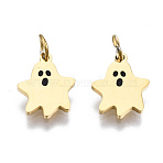 316 Surgical Stainless Steel Enamel Charms, with Jump Rings, for Halloween, Ghost, Black, Real 14K Gold Plated, 10x8x1mm, Jump Ring: 3.8x0.6mm, 2.6mm inner diameter(STAS-S116-350G)