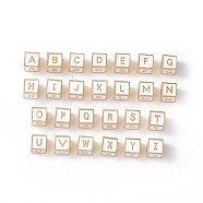 Rack Plating Brass Enamel Beads, Cadmium Free & Nickel Free & Lead Free, Real 18K Gold Plated, Cube with Letter A`Z, WhiteSmoke, 6x6x6mm, Hole: 2.5mm(KK-B060-04G-04)