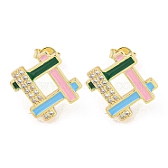 Hollow Rhombus Real 18K Gold Plated Brass Stud Earrings, with Enamel and Cubic Zirconia, Colorful, 16x15.5mm(EJEW-L269-102G-01)