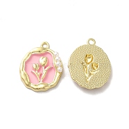 Alloy Enamel Pandants, with ABS Plastic Imitation Pearl, Lead Free & Cadmium Free, Light Gold, Oval with Flower, Pink, 23.5x19x4.5mm, Hole: 1.8mm(ENAM-K067-083G-04)