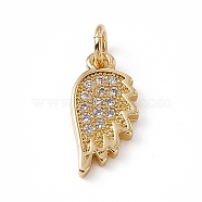 Brass Micro Pave Clear Cubic Zirconia Wing Charms, with Open Jump Rings, Real 18K Gold Plated, 14x7x1.5mm, Jump Ring: 4.5x0.7mm, Inner Diameter: 3mm (ZIRC-F132-60G)