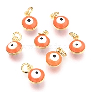 Brass Enamel Beads, Real 18K Gold Plated,Long-Lasting Plated, with Jump Ring, Flat Round with Evil Eye, Coral, 9.5x6.5x4.5mm, Hole: 2.5mm(X-KK-B024-02G-H)