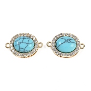 Synthetic Turquoise Oval Connector Charms, Brass Micro Pave Clear Cubic Zirconia Oval Links, Real 18K Gold Plated, 18x12x7.5mm, Hole: 1.2mm(KK-U043-50G-03)