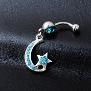 Rhinestone Moon & Star Dangle Belly Ring, Alloy Navel Ring with 316L Surgical Stainless Steel Bar for Women Piercing Jewelry, Sapphire, 47mm(MOST-PW0001-072B)