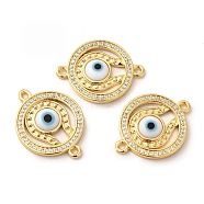 Rack Plating Real 18K Gold Plated Brass Micro Pave Clear Cubic Zirconia Connector Charms, Flat Round Links with Evil Eye, with Handmade Lampwork, Cadmium Free & Lead Free, Long-Lasting, White, 24x18.5x3.5mm, Hole: 1.5mm(ZIRC-L102-03G-03)