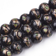 Handmade Gold Sand Lampwork Beads, Round, Black, 12~12.5x11~12mm, Hole: 1.5~2mm(LAMP-T006-02A)