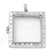 Glass Interface, 304 Stainless Steel Locket Pendants, with 201 Stainless Steel Pendant Bails and Rhinestone, Square, Platinum, 31x27x6mm, Hole: 4mm(STAS-D110-48P)