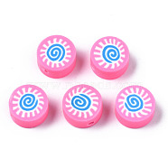 Handmade Polymer Clay Beads, for DIY Jewelry Crafts Supplies, Flat Round with Sun, Pearl Pink, 9.5x4.5~5mm, Hole: 1.6mm(CLAY-N008-037H)