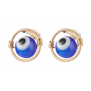 Evil Eye Lampwork Round Beads Stud Earrings, Wire Wrap Brass Earring, Golden, Medium Blue, 13x12mm, Pin: 0.7mm(EJEW-JE04665-01)
