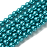Eco-Friendly Dyed  Glass Pearl Round Bead Strands, Cotton Cord Threaded, Deep Sky Blue, 8mm, Hole: 0.7~1.1mm, about 52pcs/strand, 15 inch(HY-A002-8mm-RB073)
