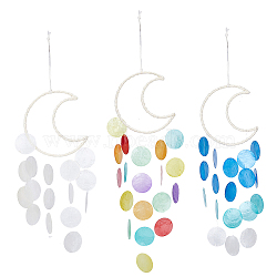 3Pcs 3 Colors Cotton Cord Wrapped Iron Moon Wind Chimes, Flat Round Natural Shell Hanging Pendant, for Home Room Bedroom Decoration, Mixed Color, 565~610mm, 1pc/color(HJEW-BC0001-55)