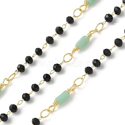 Brass Link Chains, with Glass Beads, Ion Plating(IP), Soldered, Real 18K Gold Plated, with Spool, Light Green, 13.5x3mm, 10m/roll.(CHC-C009-01G-05)