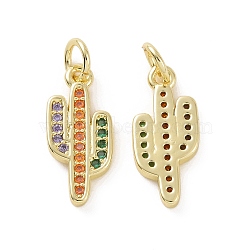 Brass Micro Pave Colorful Cubic Zirconia Pendants, with Jump Ring, Cactus Charms, Real 18K Gold Plated, 17x7.5x2mm, Hole: 3.2mm(KK-E068-VF151)