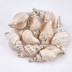 Electroplate Spiral Shell Pendants, with Iron Findings, Golden, Seashell Color, 27~61x13~29x12~22mm, Hole: 1.5~1.8mm(X-SSHEL-T009-13)