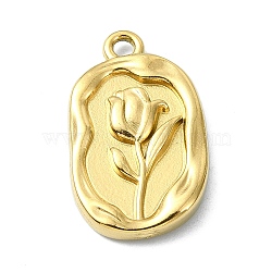 Ion Plating(IP) 304 Stainless Steel Pendants, Oval with Flower Charm, Real 18K Gold Plated, 20x12x2.5mm, Hole: 1.8mm(STAS-B058-30C)