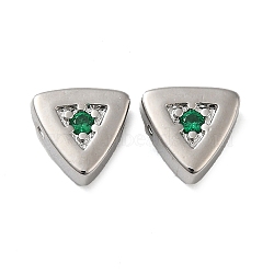 Real Platinum Plated Brass Micro Pave Cubic Zirconia Bead, Triangle, Dark Green, 7.5x8x3.5mm, Hole: 1mm(KK-H455-08P-03)