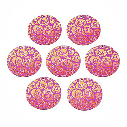 Spray Painted Iron Pendants, Rubberized Style, 3D Printed,  Rose Flower Print Pattern, Flat Round, Dark Violet, 25.5x0.8mm, Hole: 1.2mm(X-IFIN-T016-47)