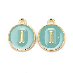 Golden Plated Alloy Enamel Charms, Cadmium Free & Lead Free, Enamelled Sequins, Flat Round with Letter, Turquoise, Letter.I, 14x12x2mm, Hole: 1.5mm(ENAM-S118-05I)