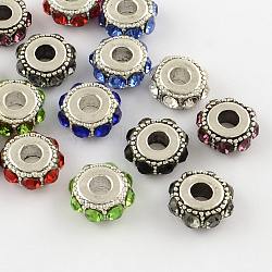Flat Round Antique Silver Plated Alloy Rhinestone European Beads, Large Hole Beads, Mixed Color, 14~15x6~7mm, Hole: 5mm(ALRI-Q228-10)