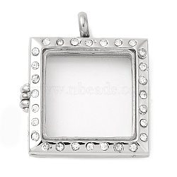 Glass Interface, 304 Stainless Steel Locket Pendants, with 201 Stainless Steel Pendant Bails and Rhinestone, Square, Platinum, 31x27x6mm, Hole: 4mm(STAS-D110-48P)
