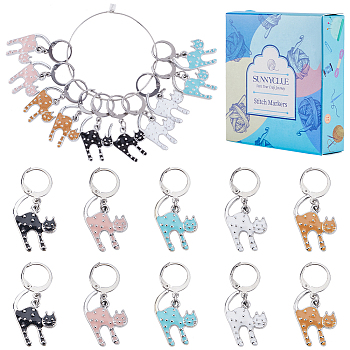 20Pcs 5 Colors Cat Shape Alloy Enamel Pendant Locking Stitch Markers, Crochet Leverback Hoop Charms, Mixed Color, 3.3cm, 4pcs/color